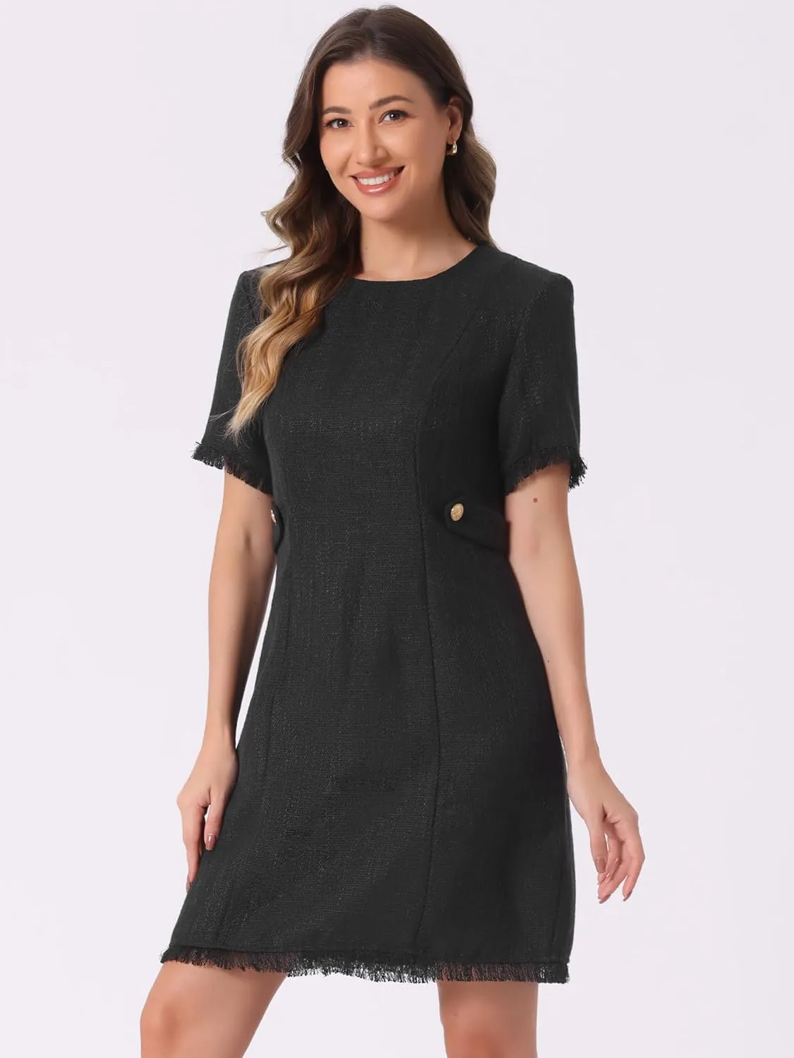 Allegra K Tweed Sweater Dress for Women's Round Neck Short Sleeves Work Elegant Casual Knit Midi Shift Dresses