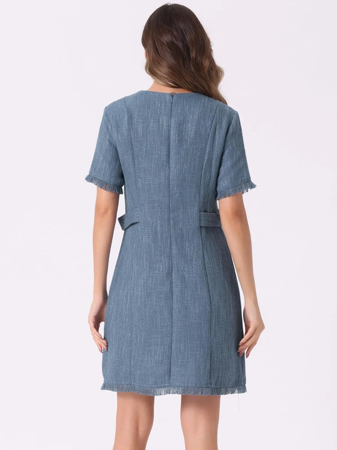 Allegra K Tweed Sweater Dress for Women's Round Neck Short Sleeves Work Elegant Casual Knit Midi Shift Dresses