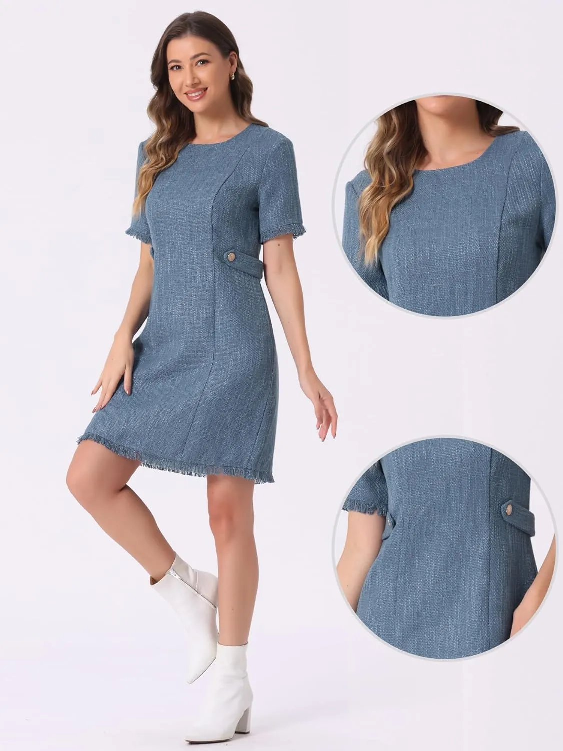 Allegra K Tweed Sweater Dress for Women's Round Neck Short Sleeves Work Elegant Casual Knit Midi Shift Dresses