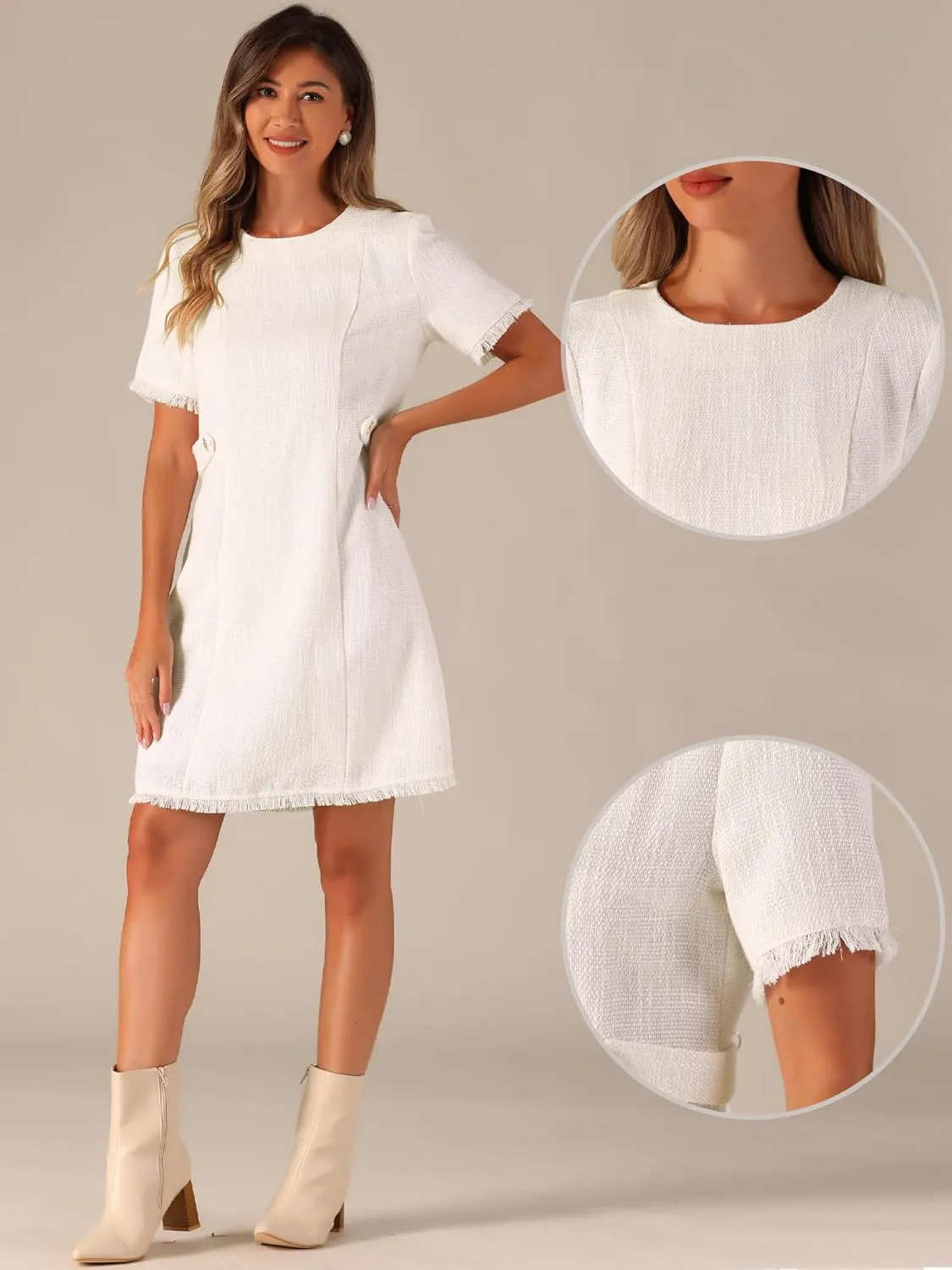 Allegra K Tweed Sweater Dress for Women's Round Neck Short Sleeves Work Elegant Casual Knit Midi Shift Dresses