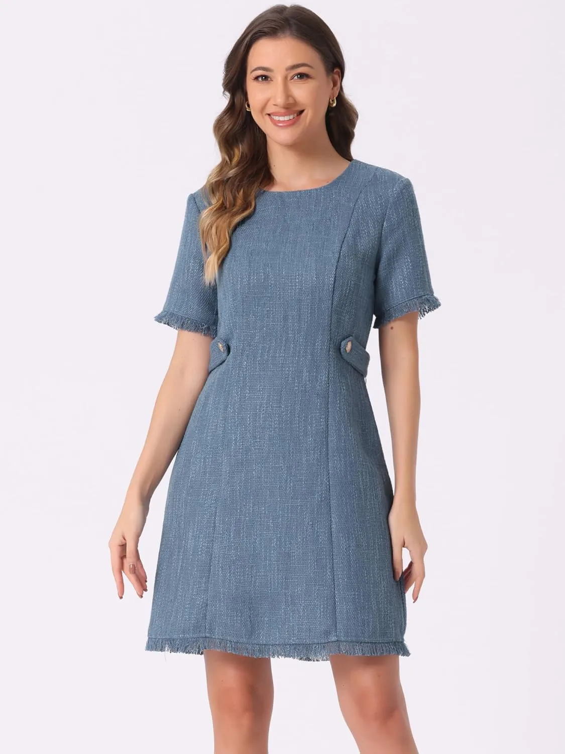 Allegra K Tweed Sweater Dress for Women's Round Neck Short Sleeves Work Elegant Casual Knit Midi Shift Dresses