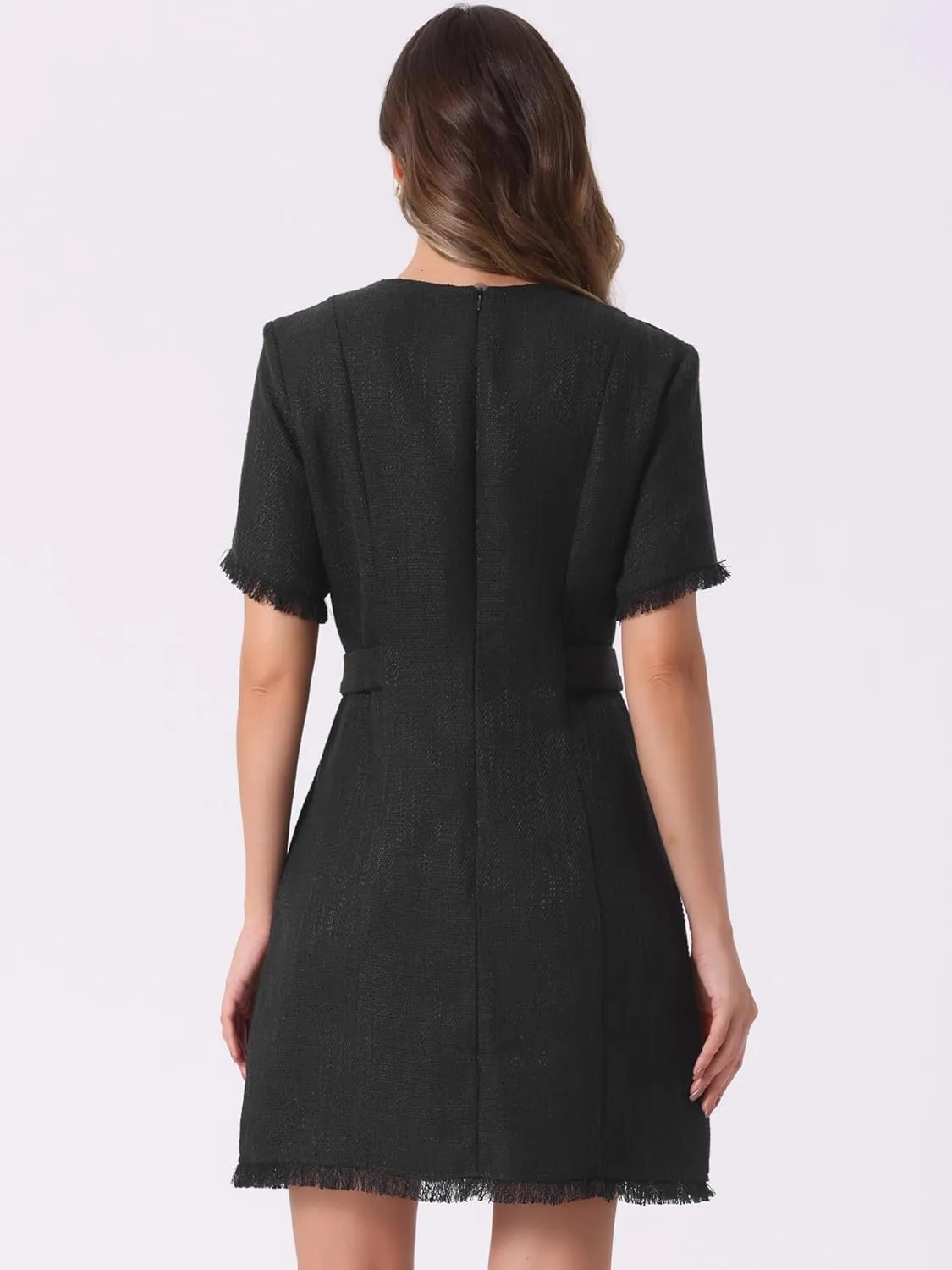Allegra K Tweed Sweater Dress for Women's Round Neck Short Sleeves Work Elegant Casual Knit Midi Shift Dresses