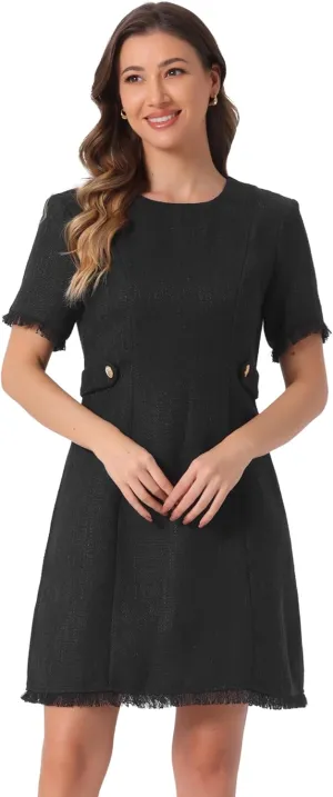 Allegra K Tweed Sweater Dress for Women's Round Neck Short Sleeves Work Elegant Casual Knit Midi Shift Dresses