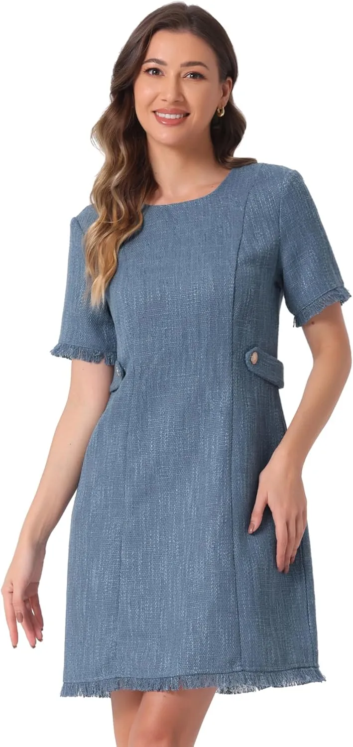 Allegra K Tweed Sweater Dress for Women's Round Neck Short Sleeves Work Elegant Casual Knit Midi Shift Dresses