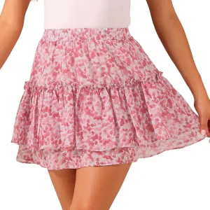 Allegra K Women's 2023 Floral Tiered Ruffle Skirts Cute Summer Flowy Chiffon Mini Skirt