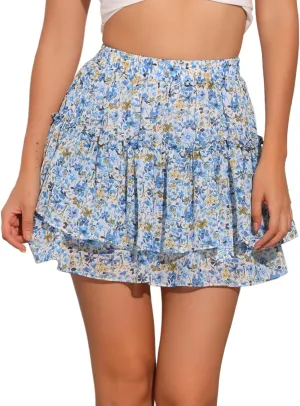 Allegra K Women's 2023 Floral Tiered Ruffle Skirts Cute Summer Flowy Chiffon Mini Skirt