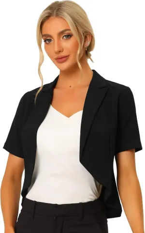 Allegra K Women's Business Casual Lapel Short Sleeve Open Front Cropped Work Office Blazer