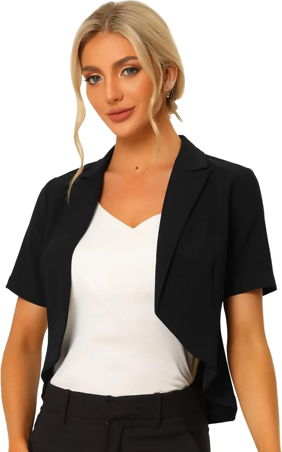 Allegra K Women's Business Casual Lapel Short Sleeve Open Front Cropped Work Office Blazer