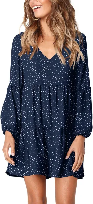 Amoretu Womens Tunic Dress Long Sleeve V Neck Casual Loose Flowy Swing Shift Dresses