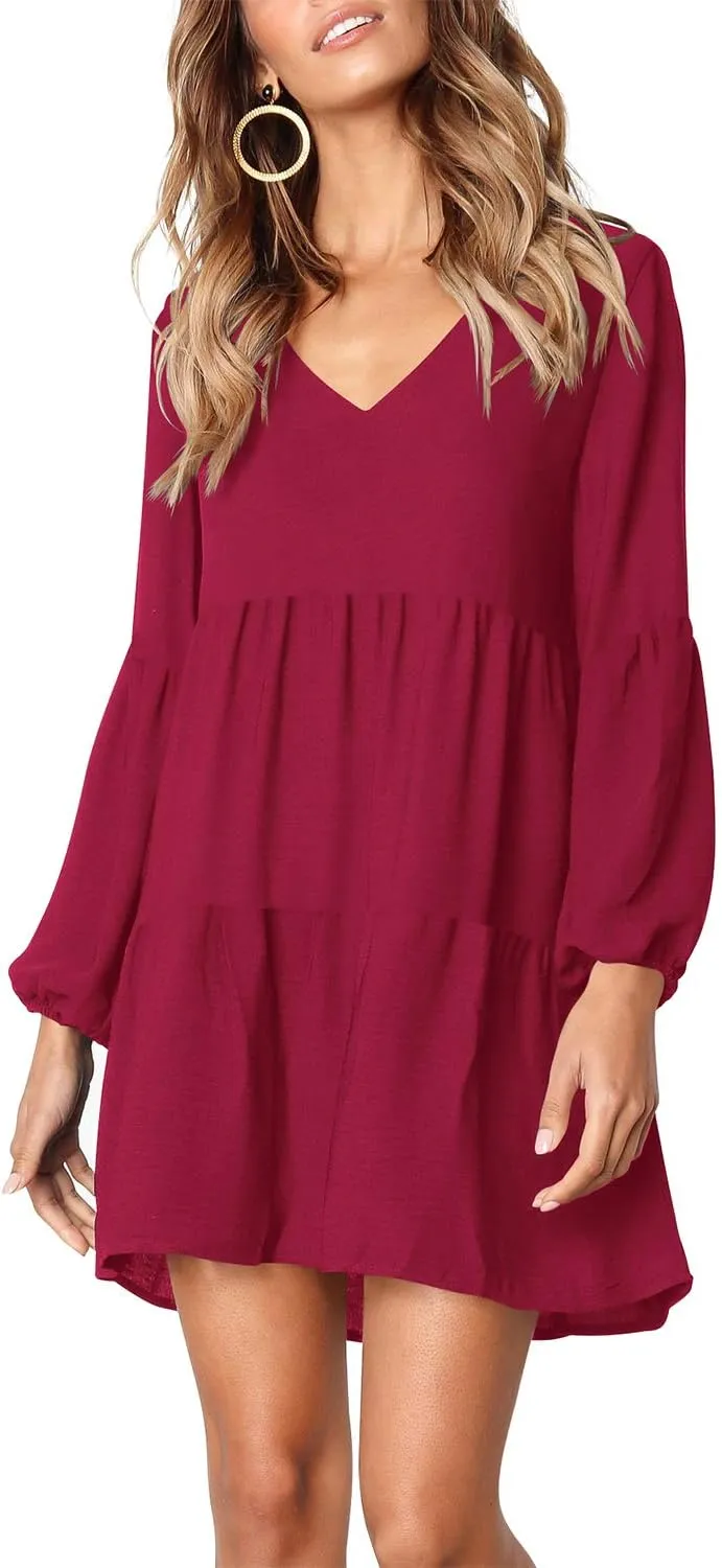 Amoretu Womens Tunic Dress Long Sleeve V Neck Casual Loose Flowy Swing Shift Dresses