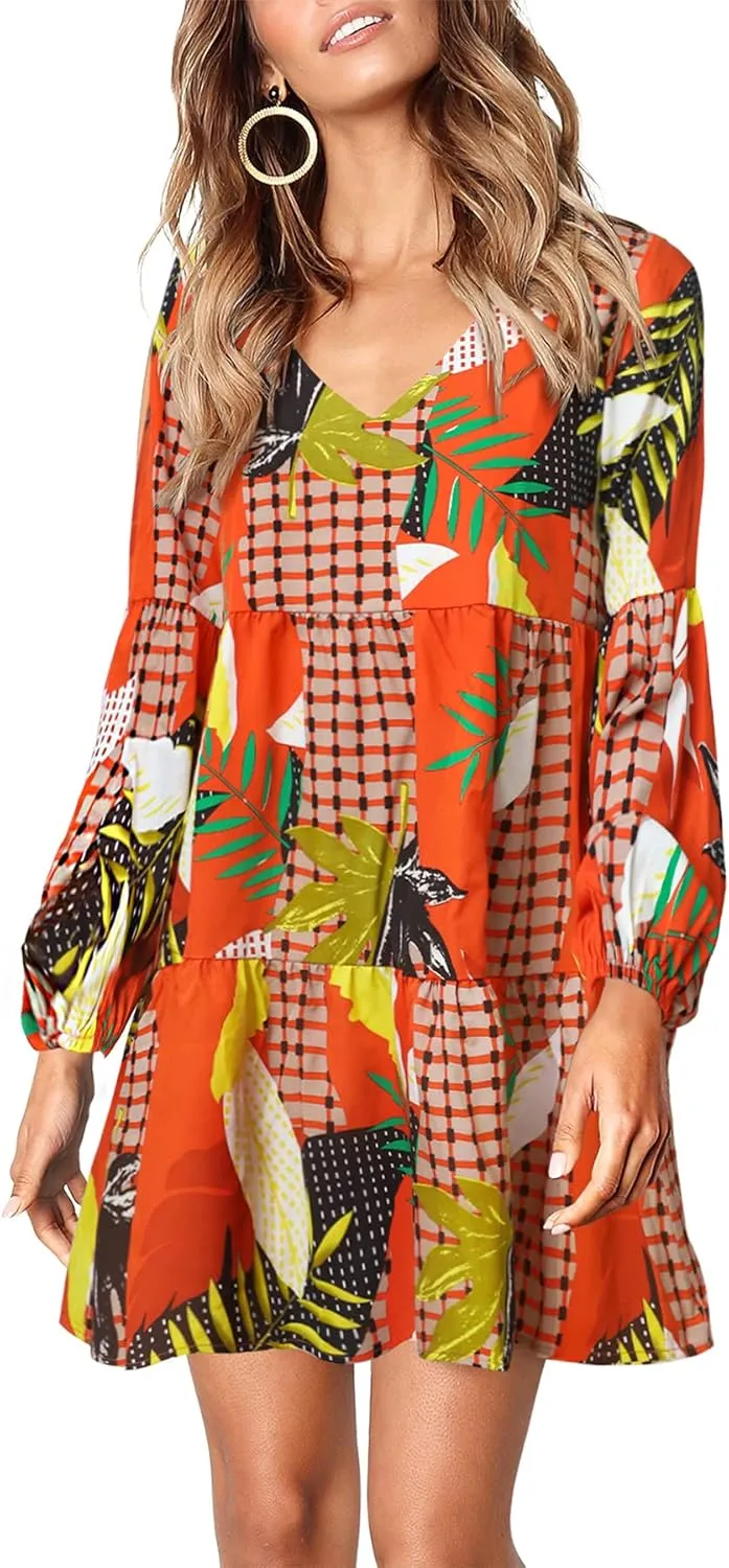 Amoretu Womens Tunic Dress Long Sleeve V Neck Casual Loose Flowy Swing Shift Dresses
