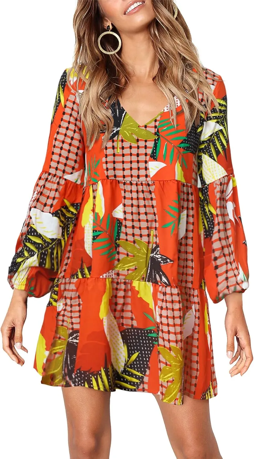 Amoretu Womens Tunic Dress Long Sleeve V Neck Casual Loose Flowy Swing Shift Dresses