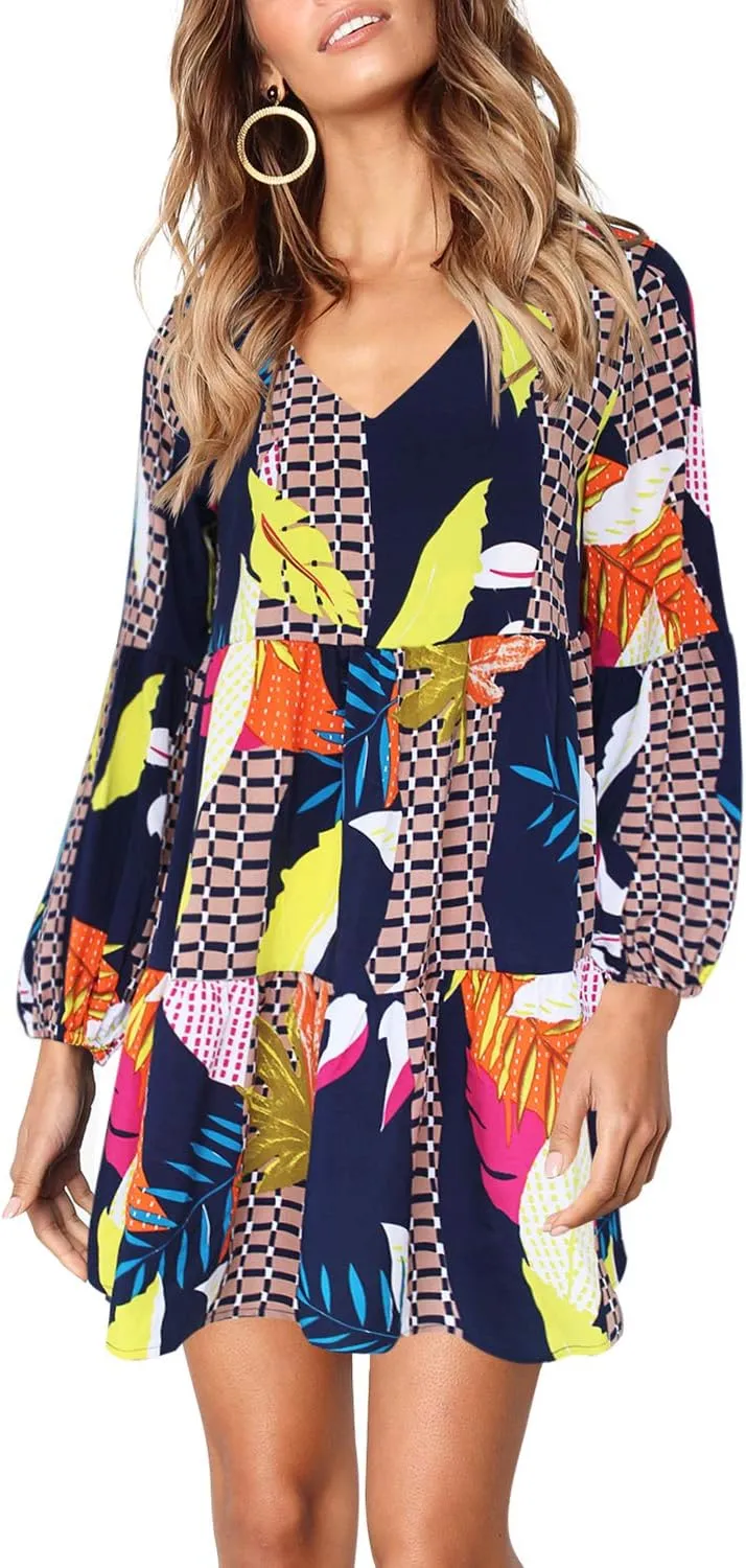 Amoretu Womens Tunic Dress Long Sleeve V Neck Casual Loose Flowy Swing Shift Dresses