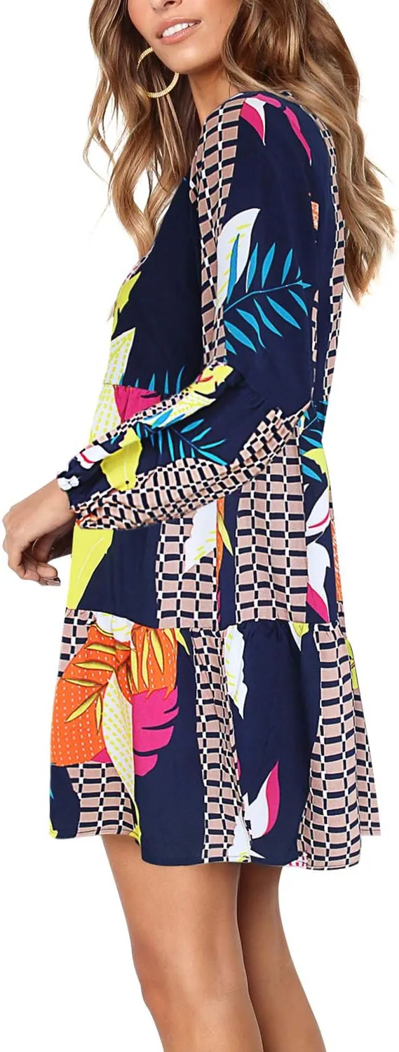Amoretu Womens Tunic Dress Long Sleeve V Neck Casual Loose Flowy Swing Shift Dresses
