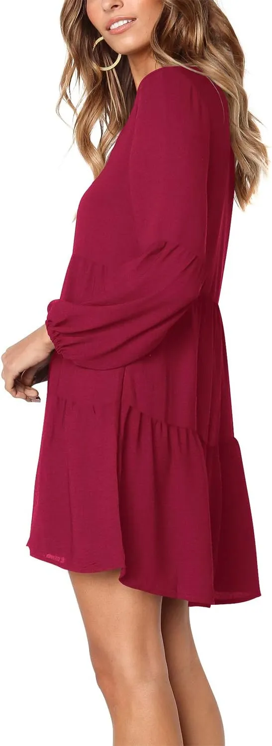 Amoretu Womens Tunic Dress Long Sleeve V Neck Casual Loose Flowy Swing Shift Dresses