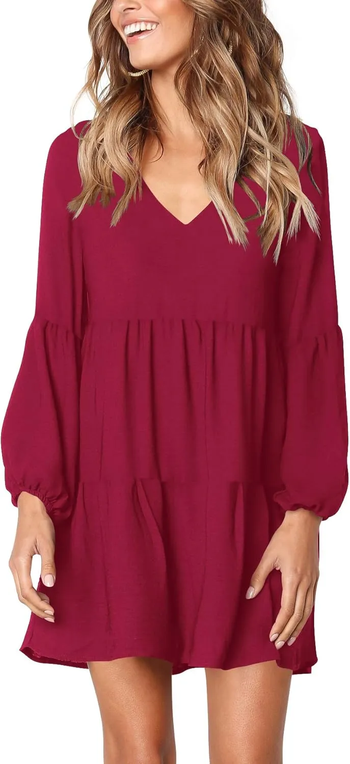 Amoretu Womens Tunic Dress Long Sleeve V Neck Casual Loose Flowy Swing Shift Dresses