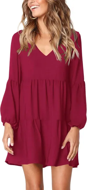 Amoretu Womens Tunic Dress Long Sleeve V Neck Casual Loose Flowy Swing Shift Dresses
