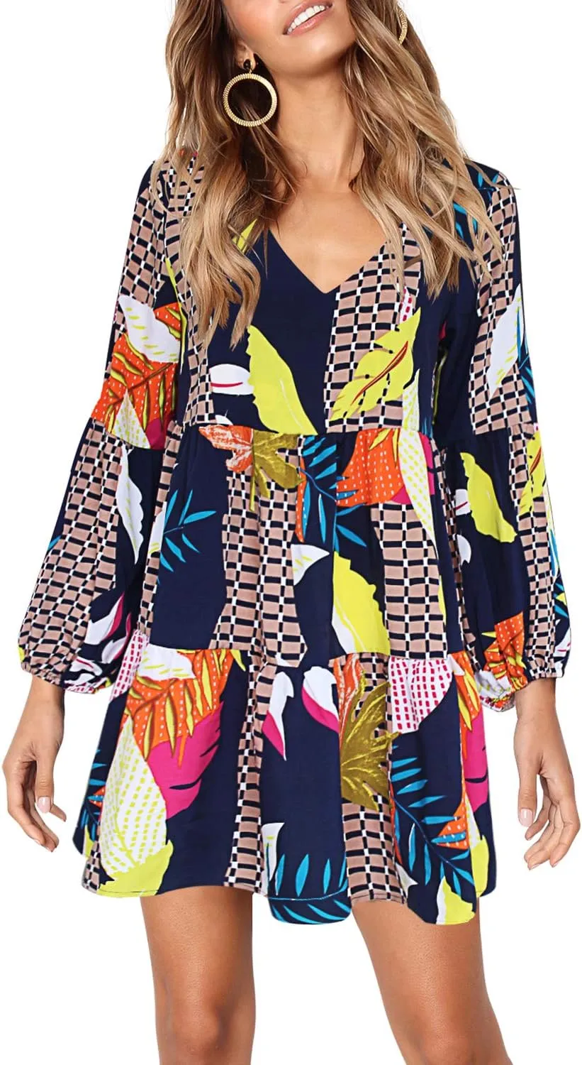Amoretu Womens Tunic Dress Long Sleeve V Neck Casual Loose Flowy Swing Shift Dresses