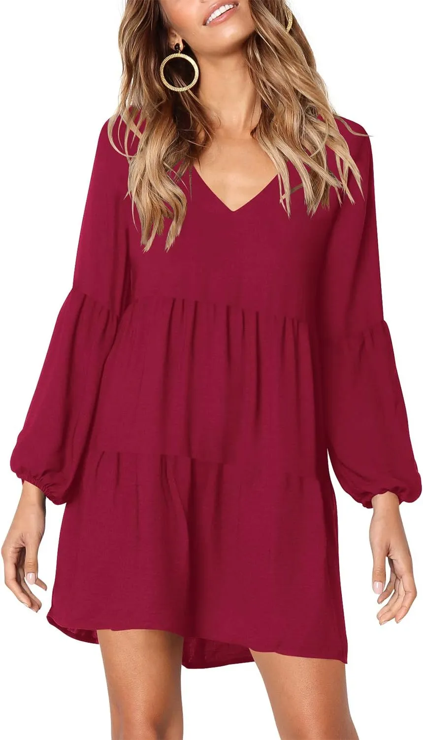 Amoretu Womens Tunic Dress Long Sleeve V Neck Casual Loose Flowy Swing Shift Dresses