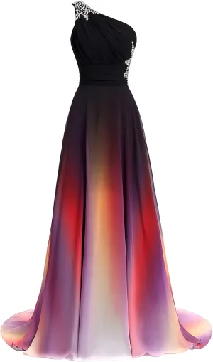 Angela One Shoulder Ombre Long Evening Prom Dresses Chiffon Wedding Party Gowns Colorful8