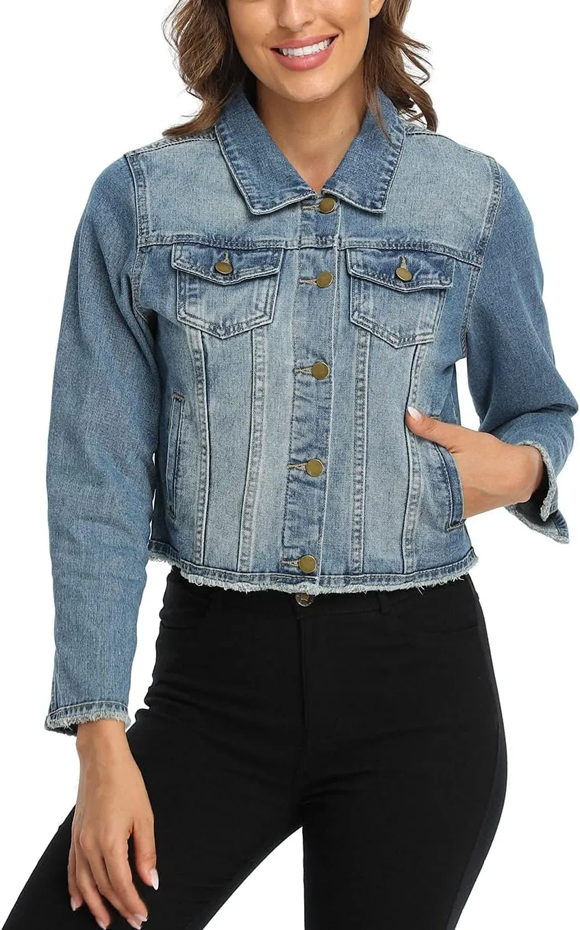 Anienaya Jean Jacket Womens Frayed Washed Button Up Cropped Denim Jacket w 2 Side Pockets