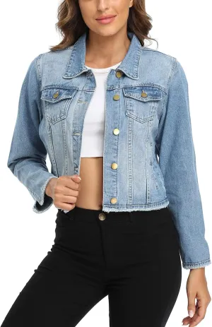 Anienaya Jean Jacket Womens Frayed Washed Button Up Cropped Denim Jacket w 2 Side Pockets