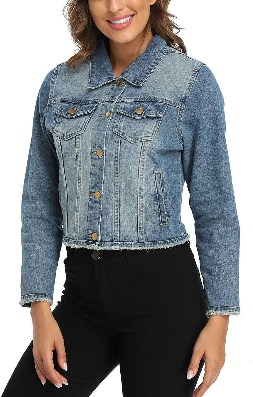 Anienaya Jean Jacket Womens Frayed Washed Button Up Cropped Denim Jacket w 2 Side Pockets