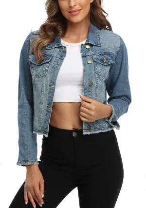 Anienaya Jean Jacket Womens Frayed Washed Button Up Cropped Denim Jacket w 2 Side Pockets