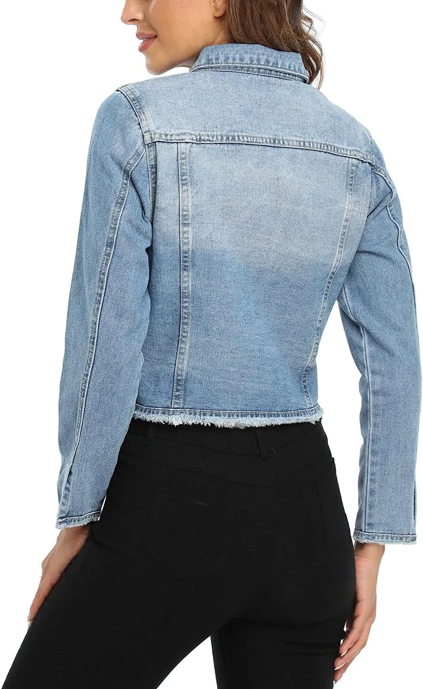 Anienaya Jean Jacket Womens Frayed Washed Button Up Cropped Denim Jacket w 2 Side Pockets