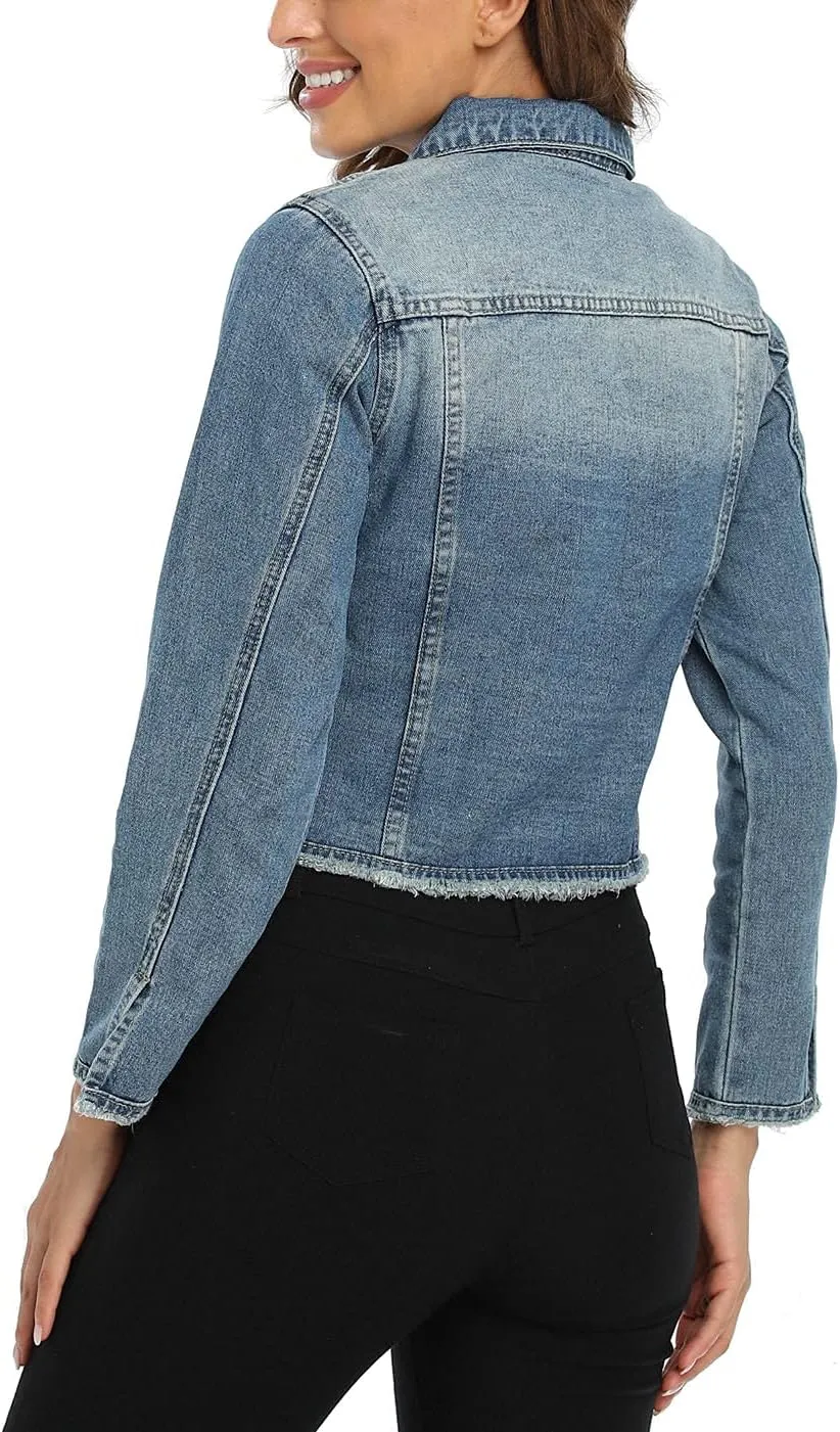 Anienaya Jean Jacket Womens Frayed Washed Button Up Cropped Denim Jacket w 2 Side Pockets