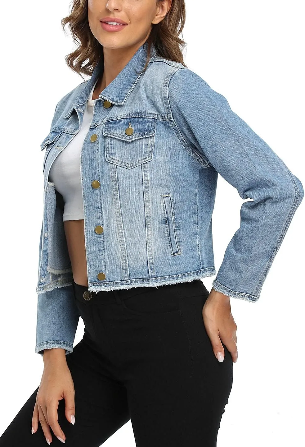 Anienaya Jean Jacket Womens Frayed Washed Button Up Cropped Denim Jacket w 2 Side Pockets