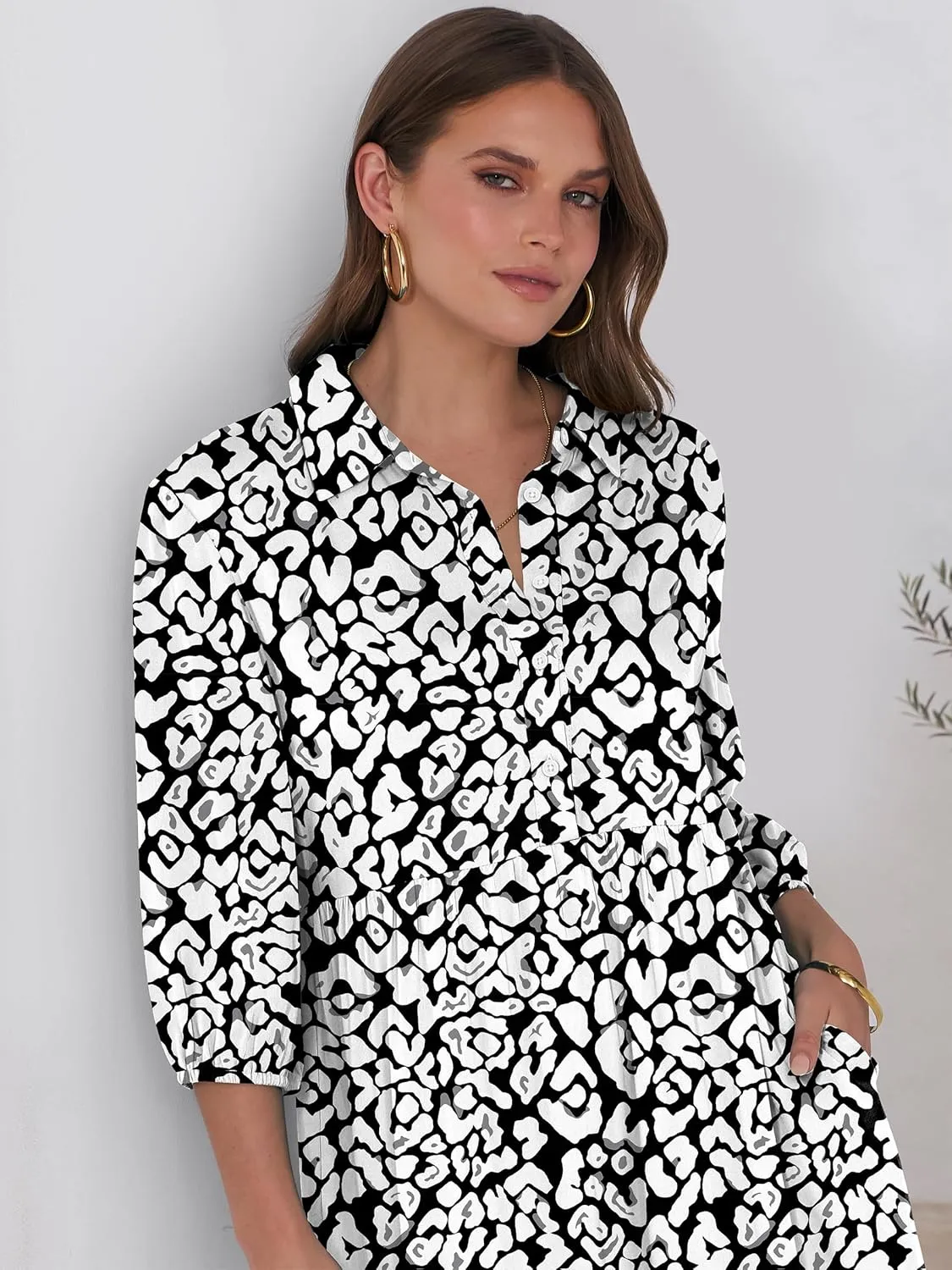 ANRABESS Women Casual 3/4 Puff Sleeve Polo V Neck Floral Printed Flowy Swing Loose Summer Boho Maxi Shirt Dresses