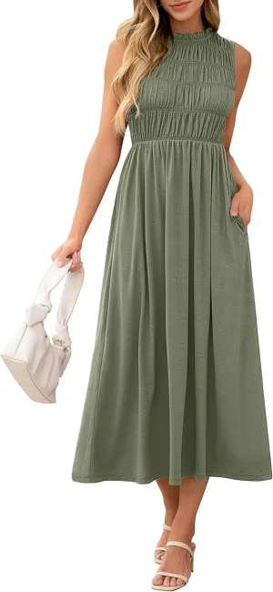 ANRABESS Women's Summer Casual Maxi Dresses Sleeveless Boho Smocked Flowy A-Line 2025 Spring Beach Vacation Sundress Pockets