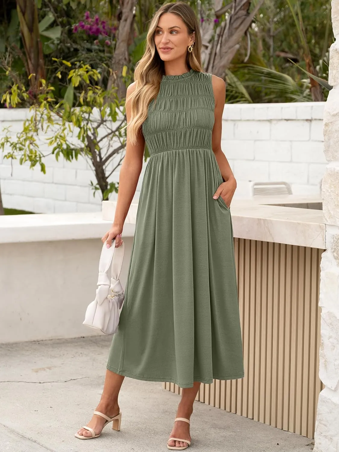 ANRABESS Women's Summer Casual Maxi Dresses Sleeveless Boho Smocked Flowy A-Line 2025 Spring Beach Vacation Sundress Pockets