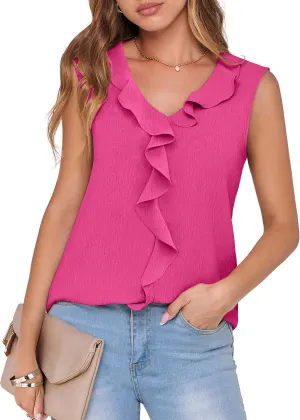 ANRABESS Womens Summer Tank Tops V Neck Sleeveless Ruffle Business Texture Shirts 2025 Ladies Casual Dressy Blouses Outfits