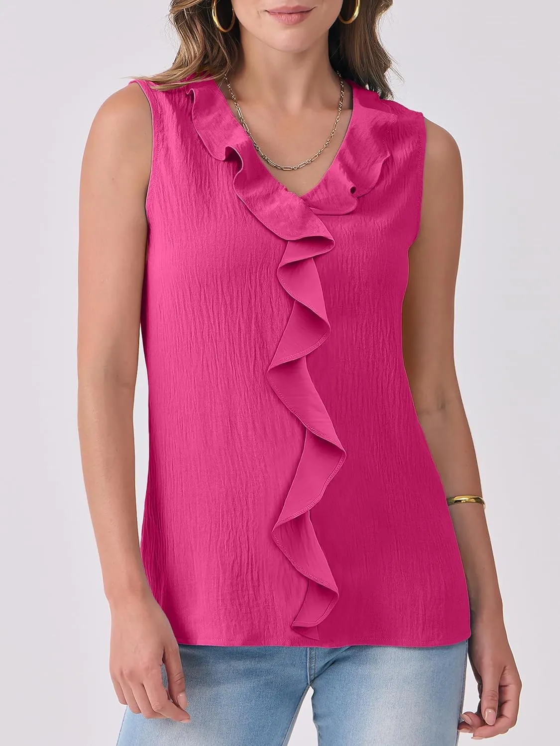 ANRABESS Womens Summer Tank Tops V Neck Sleeveless Ruffle Business Texture Shirts 2025 Ladies Casual Dressy Blouses Outfits
