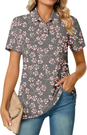 Aodemo Women's Summer Polo Shirts Dressy Button Up Collared Tunic Short Sleeve Work Tops V Neck Loose Blouses