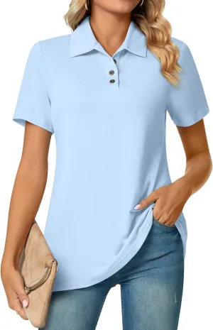 Aodemo Women's Summer Polo Shirts Dressy Button Up Collared Tunic Short Sleeve Work Tops V Neck Loose Blouses