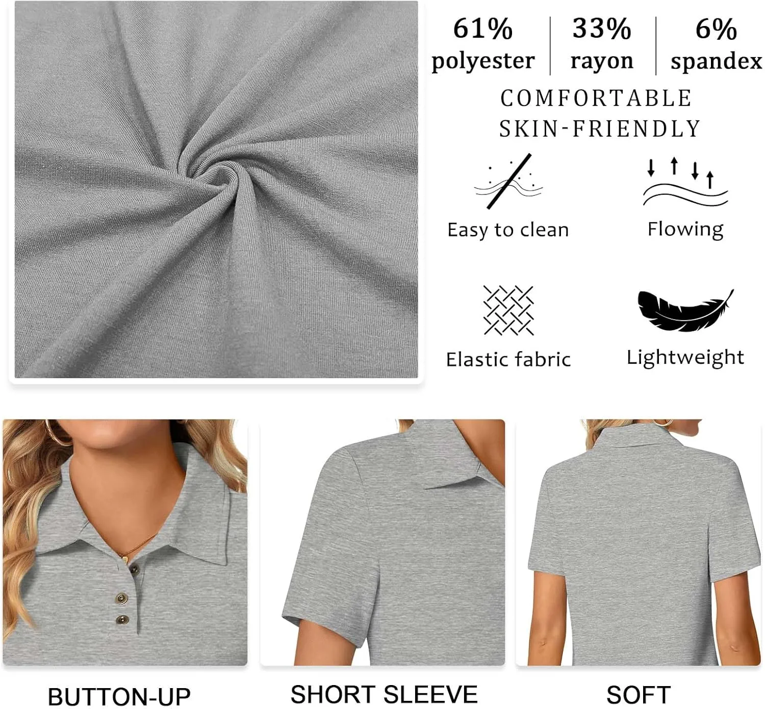Aodemo Women's Summer Polo Shirts Dressy Button Up Collared Tunic Short Sleeve Work Tops V Neck Loose Blouses