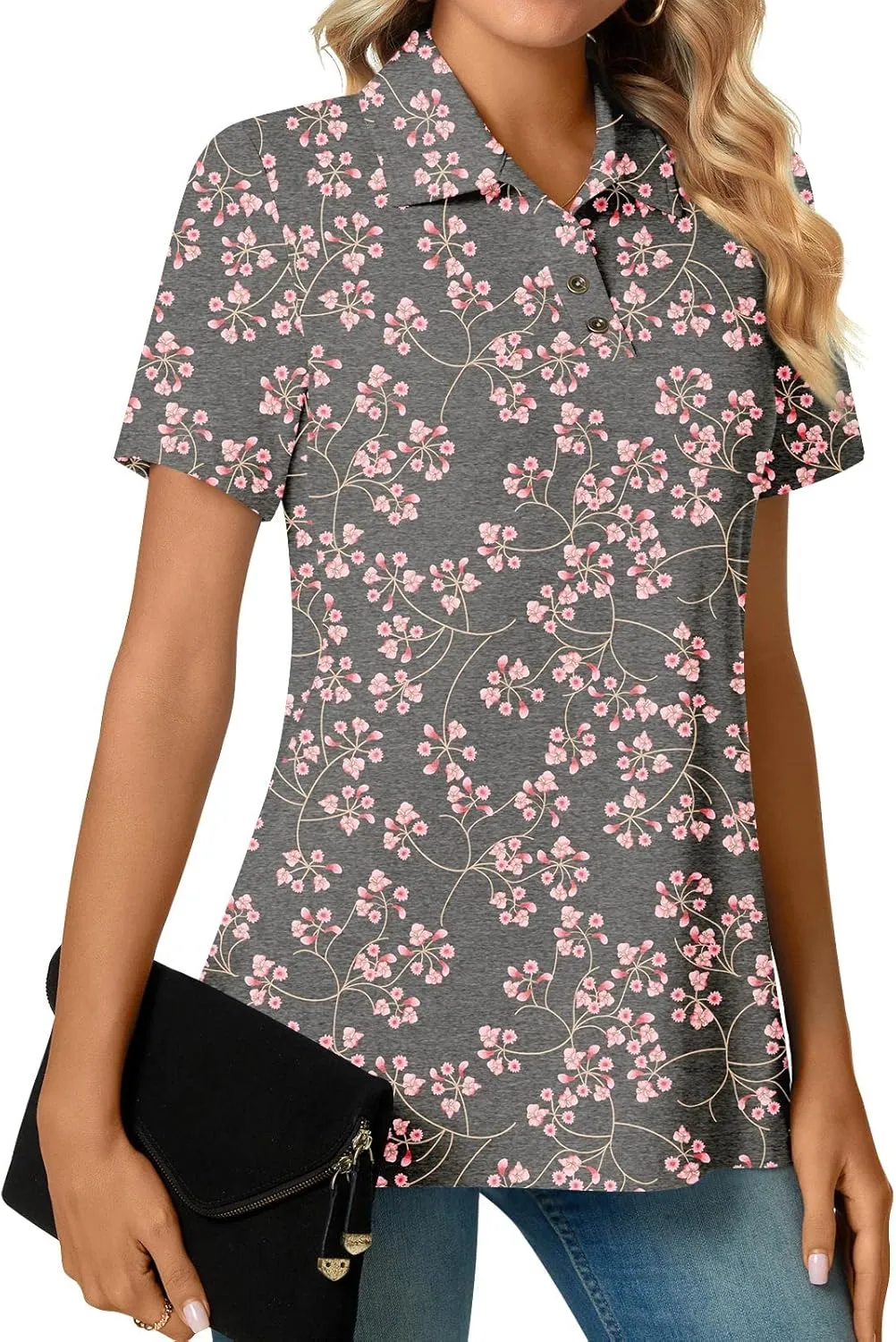 Aodemo Women's Summer Polo Shirts Dressy Button Up Collared Tunic Short Sleeve Work Tops V Neck Loose Blouses