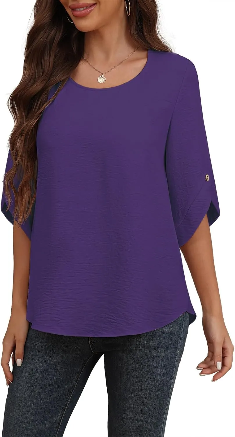 Askyes Women's 2025 Summer Chiffon Blouses Bell Short Sleeve Tshirts Casual Loose Flowy Dressy Work Tops for Leggings Blouse