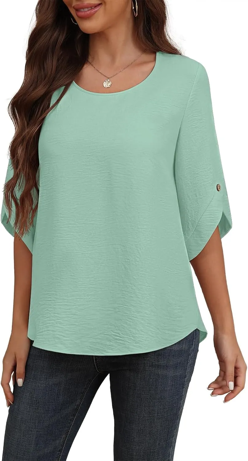 Askyes Women's 2025 Summer Chiffon Blouses Bell Short Sleeve Tshirts Casual Loose Flowy Dressy Work Tops for Leggings Blouse