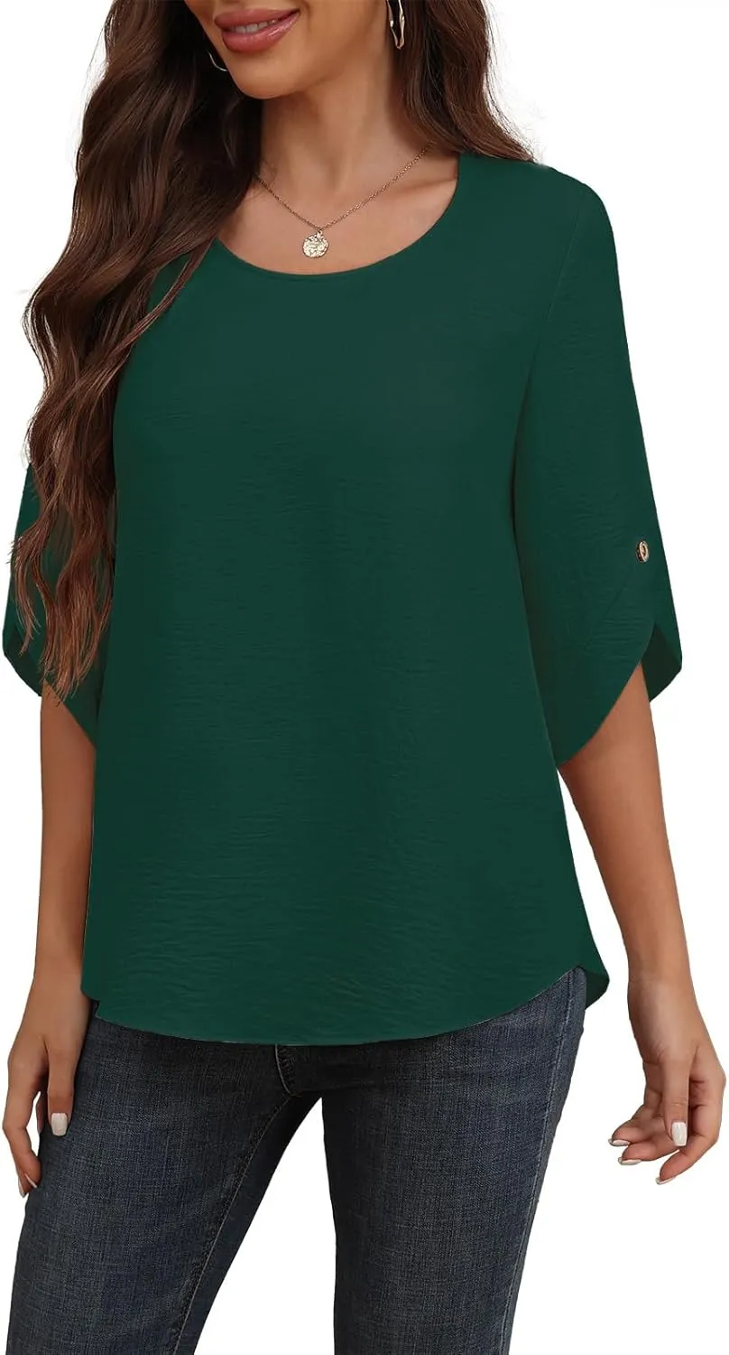 Askyes Women's 2025 Summer Chiffon Blouses Bell Short Sleeve Tshirts Casual Loose Flowy Dressy Work Tops for Leggings Blouse
