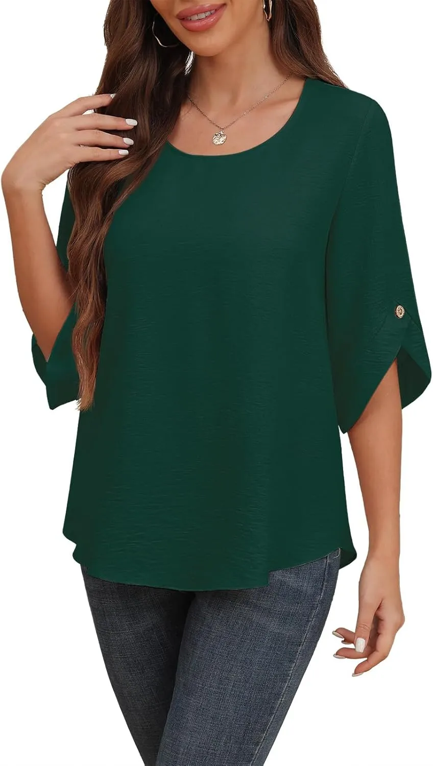 Askyes Women's 2025 Summer Chiffon Blouses Bell Short Sleeve Tshirts Casual Loose Flowy Dressy Work Tops for Leggings Blouse