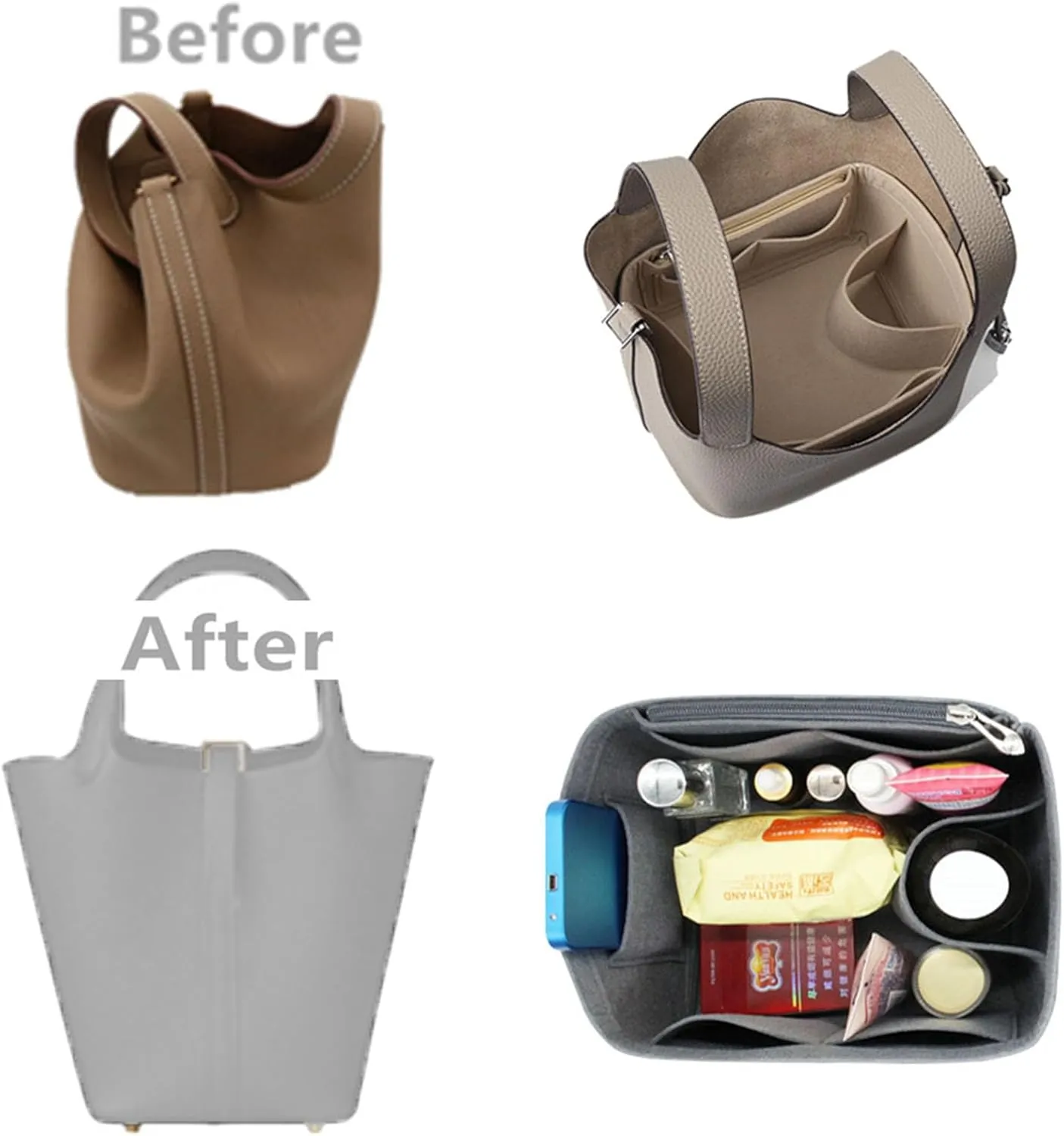 Bag Organizer for picotin 18 bag organizer insert Zipper Lid Liner Organizer 1008Khaki-B-S