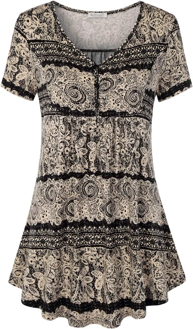 BAISHENGGT Women's Tunic Tops for Leggings Summer Short Sleeve V Neck Button Casual Blouses Flowy T Shirt