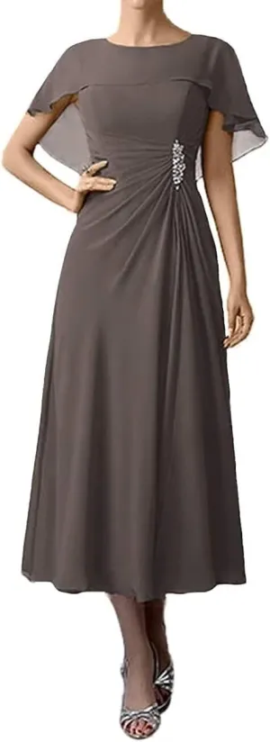 Bat Sleeve Mother of The Bride Dresses Tea Length Chiffon A-line Women Formal Wedding Guest Dress