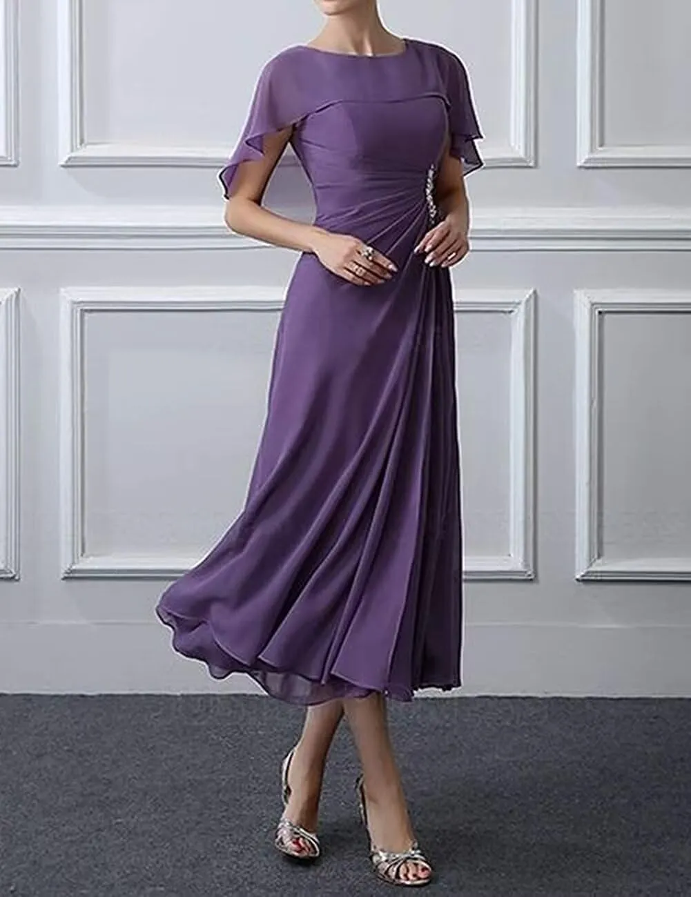 Bat Sleeve Mother of The Bride Dresses Tea Length Chiffon A-line Women Formal Wedding Guest Dress