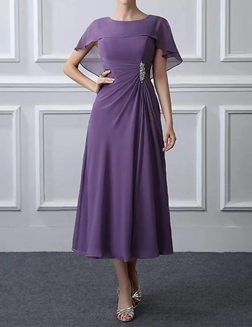 Bat Sleeve Mother of The Bride Dresses Tea Length Chiffon A-line Women Formal Wedding Guest Dress