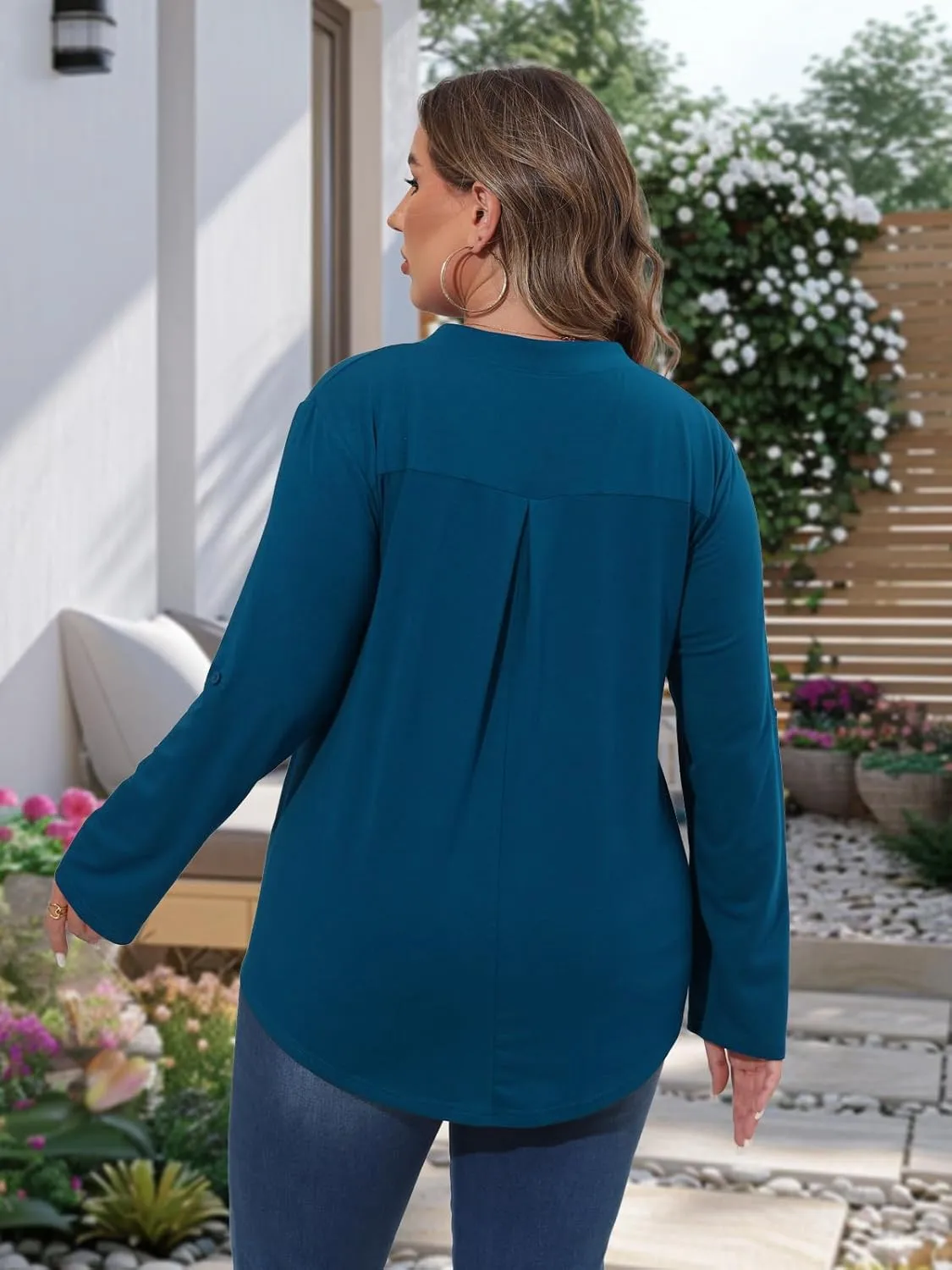Beauhuty Womens Plus Size Tops Split V Neck Tunic Pleated Shirts Casual Trendy Flowy Dressy Blouses Roll up Sleeves